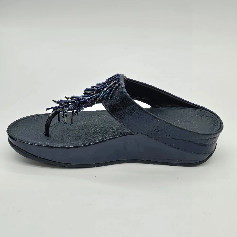 FitFlop Cha Cha Rumba Sandals Sz 8 Blue Leather Beaded Fringe Thong Platform - Picture 7 of 14